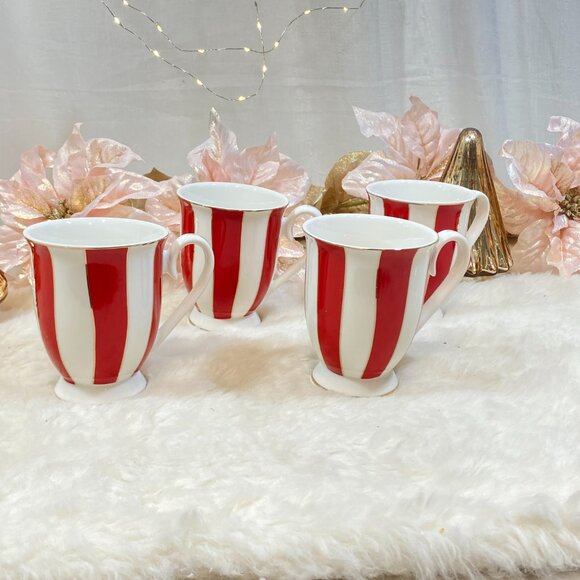 Grace Teaware Fine Porcelain Holiday Red Gold White Stripe Footed Mugs Set of 4 - Picture 1 of 4
